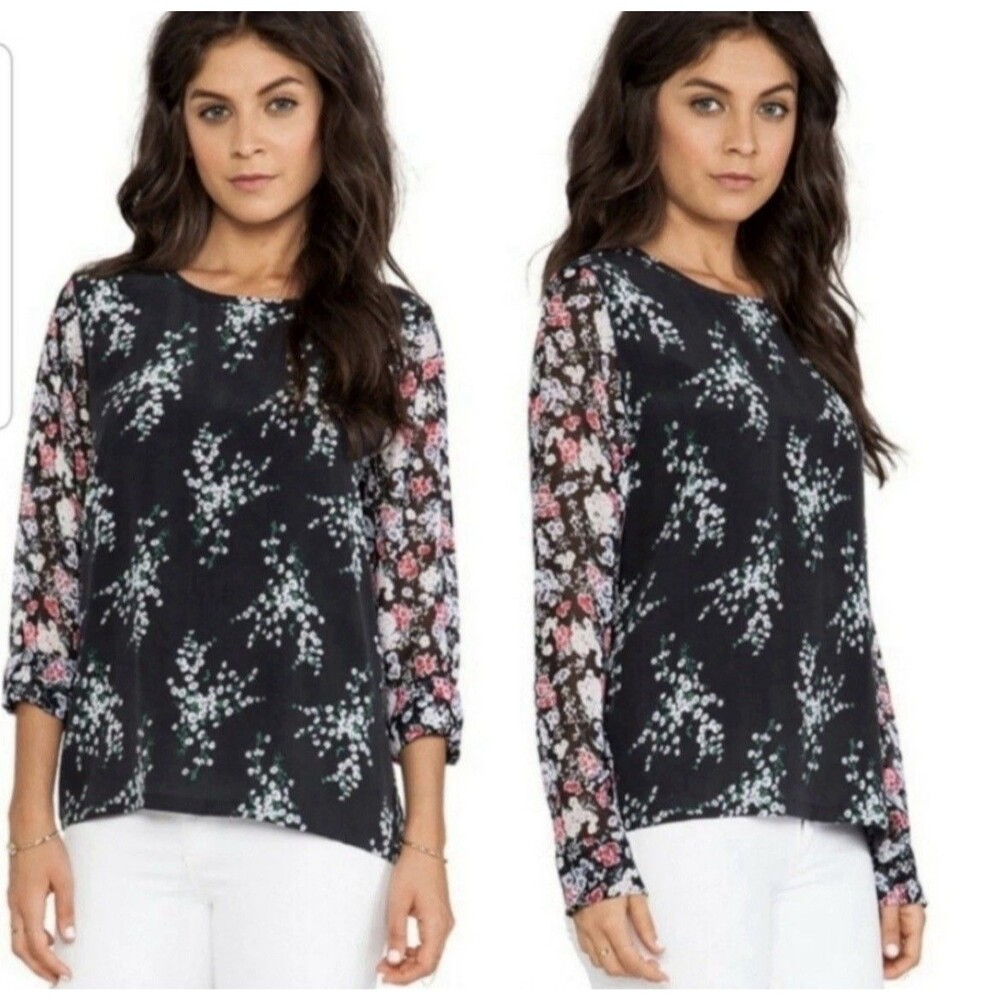Equipment Liam Elevated Bloom Silk Floral Sheer Sleeve Blouse Medium